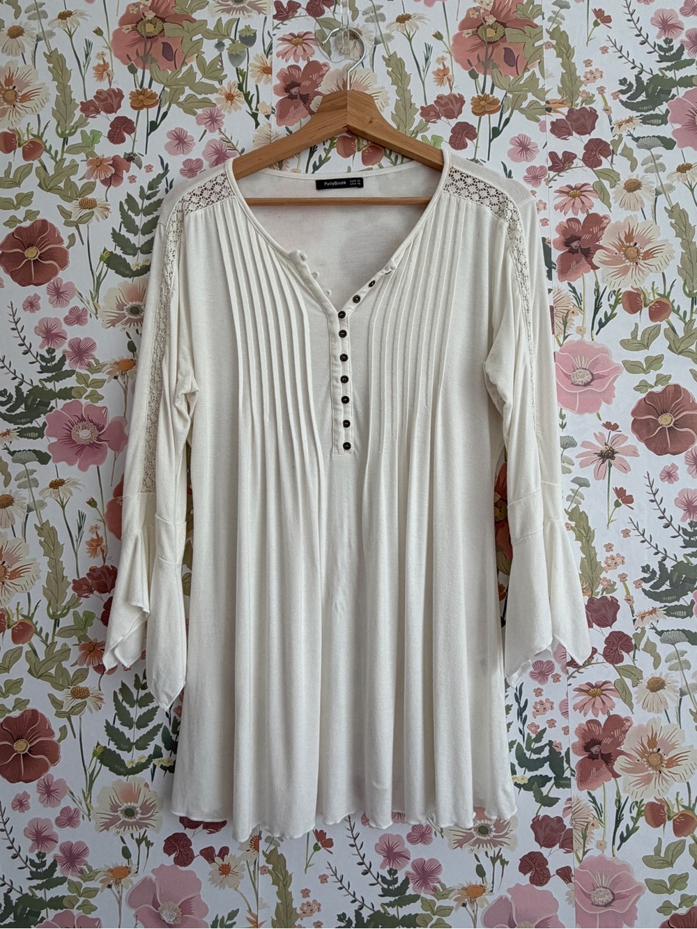 PattyBoutik Cream Lace-Trim Pintuck Henley Tunic